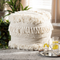 Baxton Studio Bartow-Ivory-Pouf Bartow Moroccan Inspired Beige Handwoven Cotton Pouf Ottoman